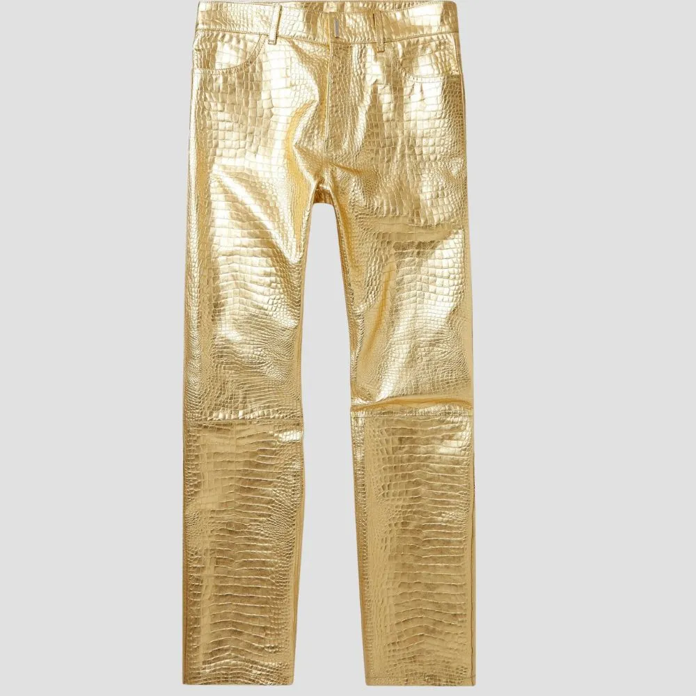 Luxury Crocodile Embossed Golden Leather Pants For Men
