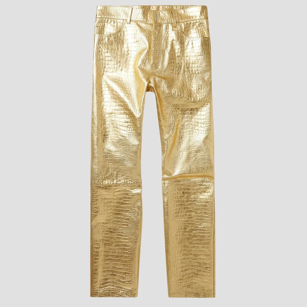 Luxury Crocodile Embossed Golden Leather Pants For Men