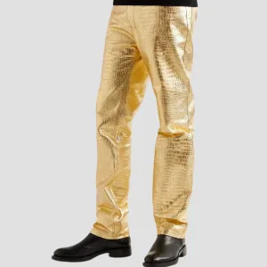 Luxury Crocodile Embossed Golden Leather Pants For Men