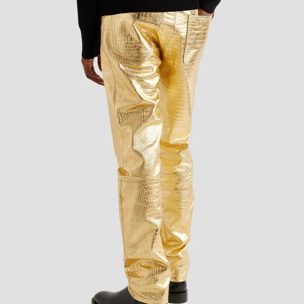 Luxury Crocodile Embossed Golden Leather Pants For Men