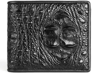 Luxury Genuine Crocodile Leather Alligator Head Bone Skin Bifold Wallet Men's Short Wallet Purses Card Holder (Horizontal Crocodile Head Black)