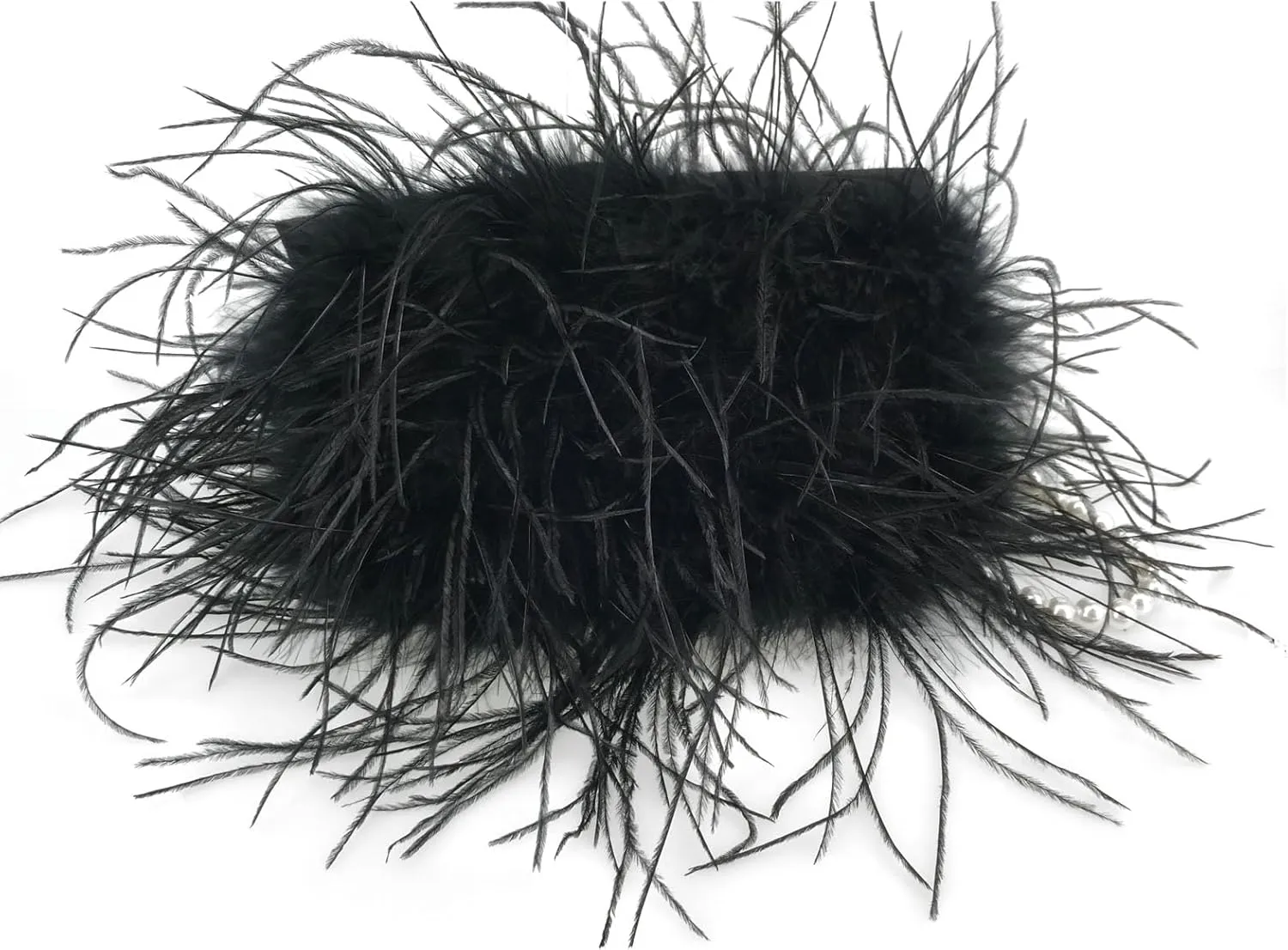 LVCOMEFF Women Ostrich Feather Clutch Mini Purse with Pearl Chain Small Handbag Furry Luxurious Party