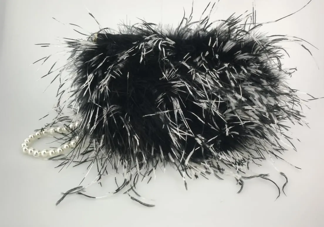 LVCOMEFF Women Ostrich Feather Clutch Mini Purse with Pearl Chain Small Handbag Furry Luxurious Party