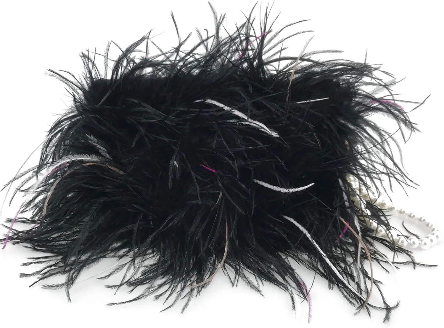 LVCOMEFF Women Ostrich Feather Clutch Mini Purse with Pearl Chain Small Handbag Furry Luxurious Party
