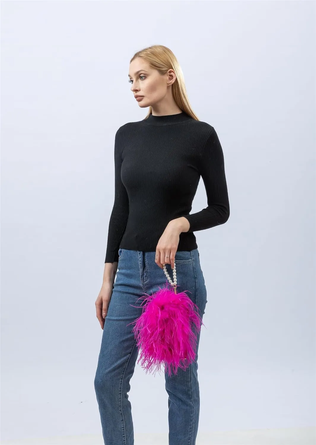 LVCOMEFF Women Ostrich Feather Clutch Mini Purse with Pearl Chain Small Handbag Furry Luxurious Party