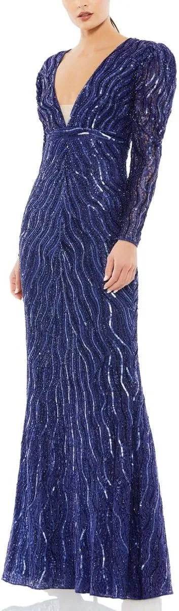 Mac Duggal Womens Embellished Trumpet Evening Dress Navy 14