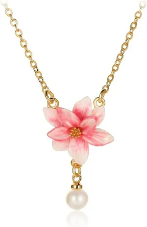 Magnolia Pink Flower And Pearl Enamel Pendant Necklace Handmade Jewelry Gift Juicy Grape