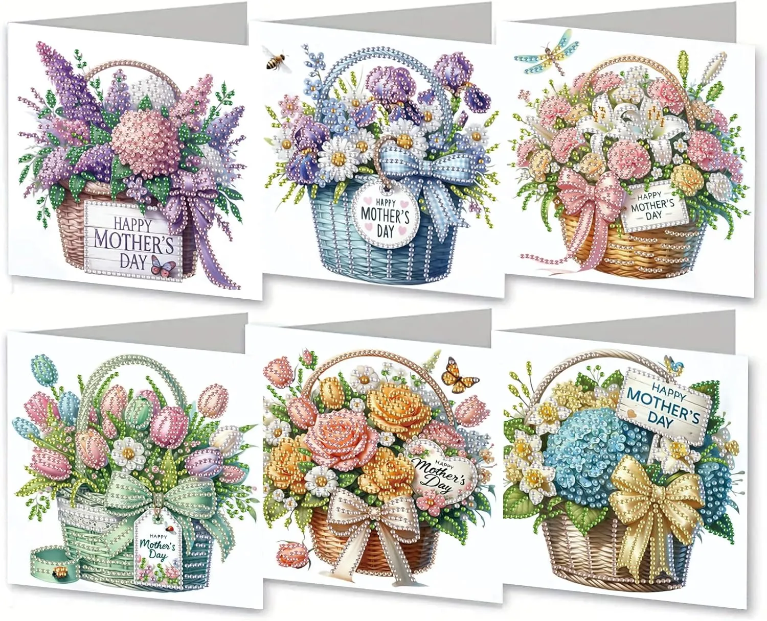 MaiYiYi 6 Pack DIY Happy Mother's Day Diamond Art Cards Flower Diamond Painting Greeting Cards Flower Basket Diamond Art Greeting Cards for Mother Grandma Friends Family