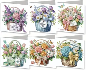MaiYiYi 6 Pack DIY Happy Mother's Day Diamond Art Cards Flower Diamond Painting Greeting Cards Flower Basket Diamond Art Greeting Cards for Mother Grandma Friends Family