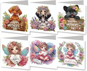 MaiYiYi 6 Pack DIY Happy Mother's Day Diamond Art Cards Rose Girl Diamond Painting Greeting Cards Dog Diamond Art Cards with Envelopes for Mother Grandma Friends Family