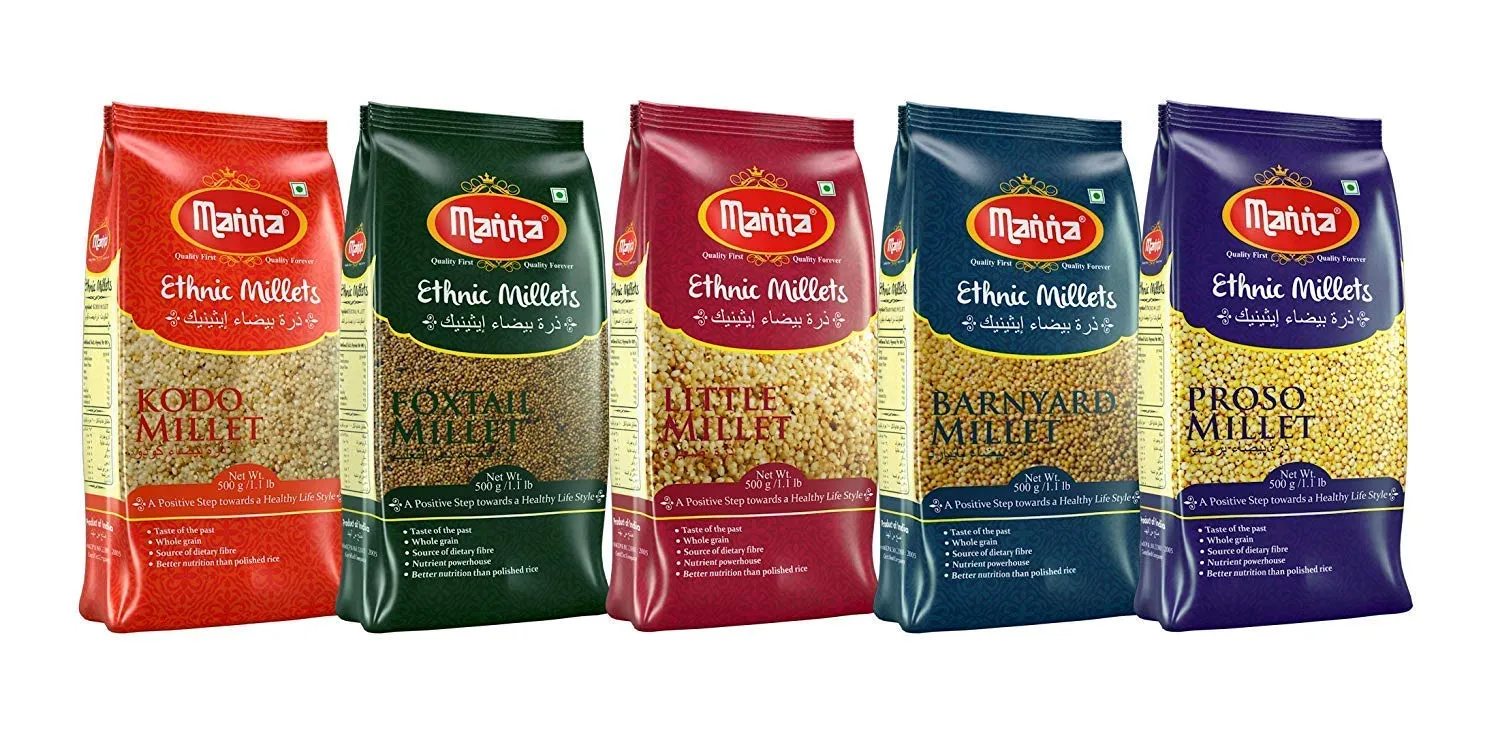 Manna Millets 5lb - natural grains | hulled | foxtail, kodo, little, barnyard, proso (each 1 pound) gluten-free, protein, low carb, high fibre-2.27Kg