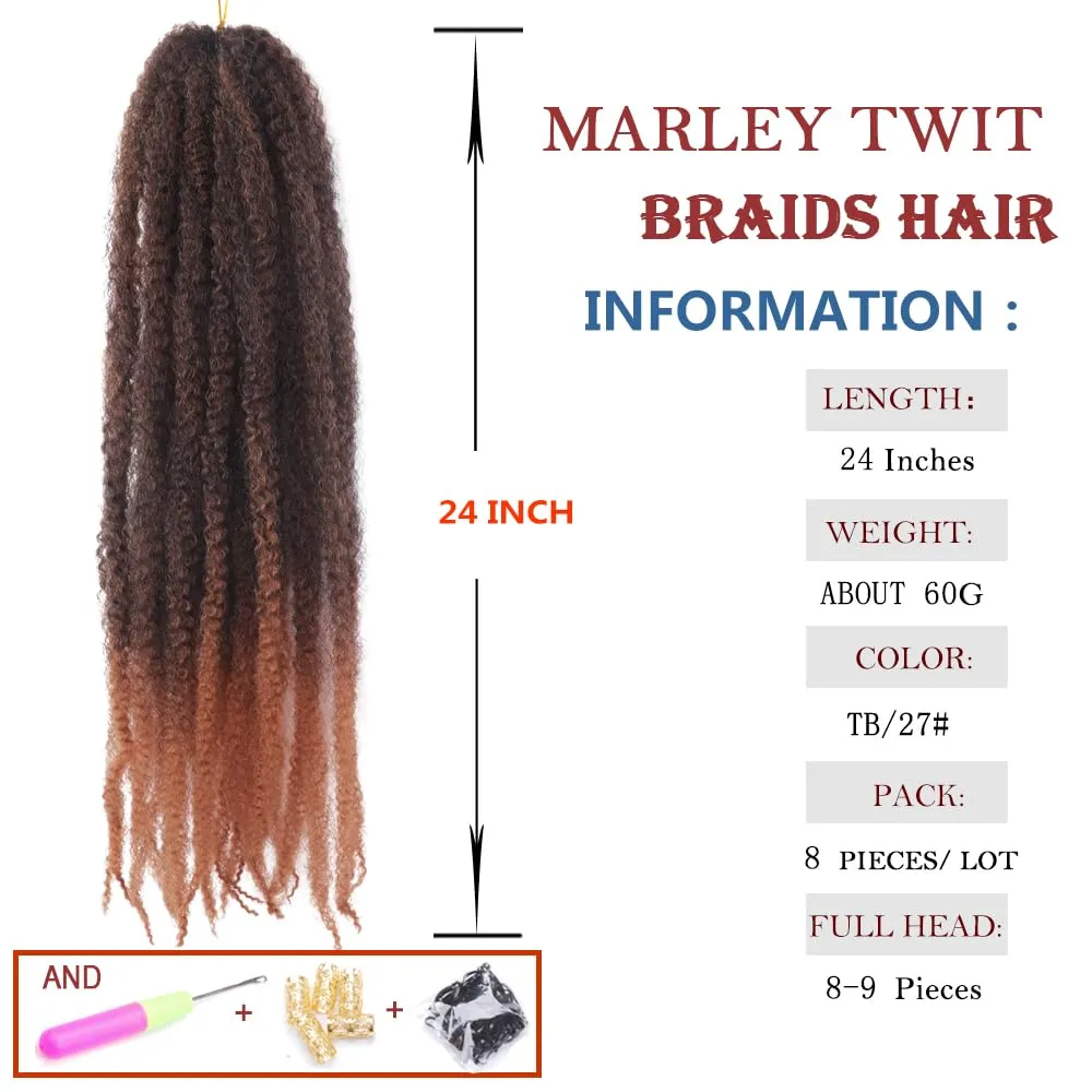 Marley Crochet Braids Hair 24 Inch 8 Packs Afro Kinky Marley Twist Braiding Hair Synthetic Curly Twist Marley Hair Long Springy Afro Twist Hair Extensions (TB/27#, 24 Inch (Pack of 8))
