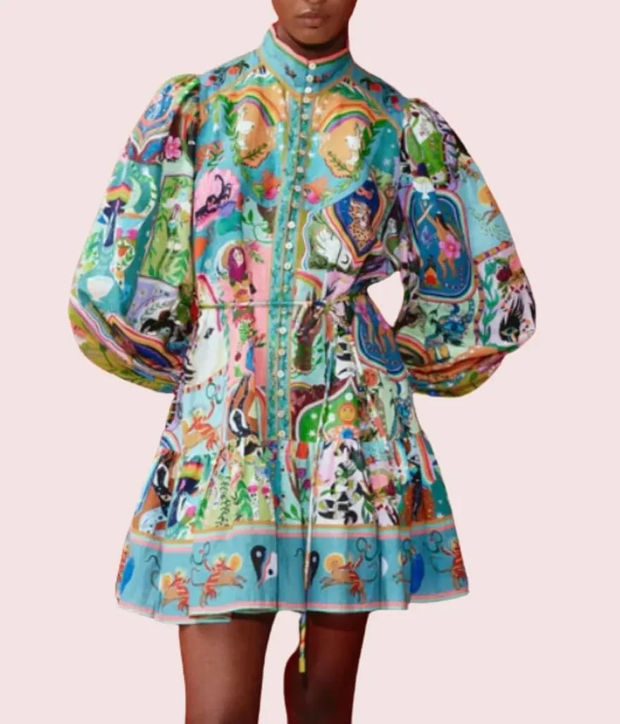 Melliflo Women's Polo Neck Retro French Court Style Dress Y2K Graffiti Puff Sleeve Dress Long Sleeve Babydoll Dress