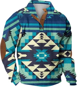 Men Shirts Casual Long Sleeve Aztec Ethnic Quarter Zip Lightweight Sweatshirt Causal Ethnic Print Button Pullover