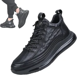 Men's Crocodile Print Leather Sneakers Casual Air Elastic Waterproof Height Lifting Comfortable Shoes High Top Sneakers (Black,7)