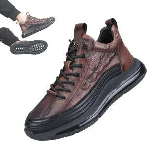 Men's Crocodile Print Leather Sneakers Casual Air Elastic Waterproof Height Lifting Comfortable Shoes High Top Sneakers (Brown,12.5)