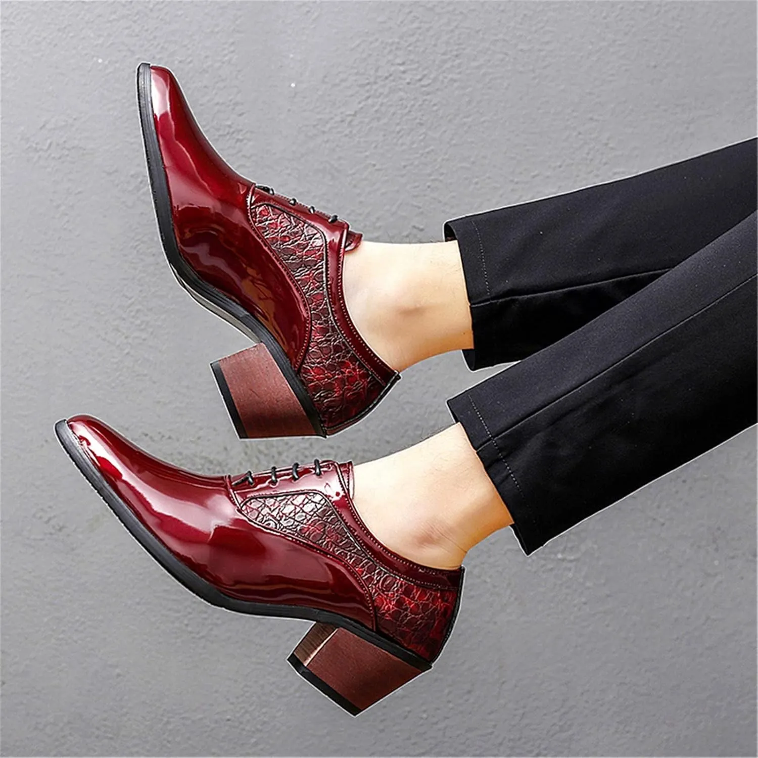 Men's Derby Oxfords Elevator Shoes Plain Smooth Block Heeled High Heels Patent Lace-up Anti Slip Crocodile Embossed Synthetic Leather Rubber Sole