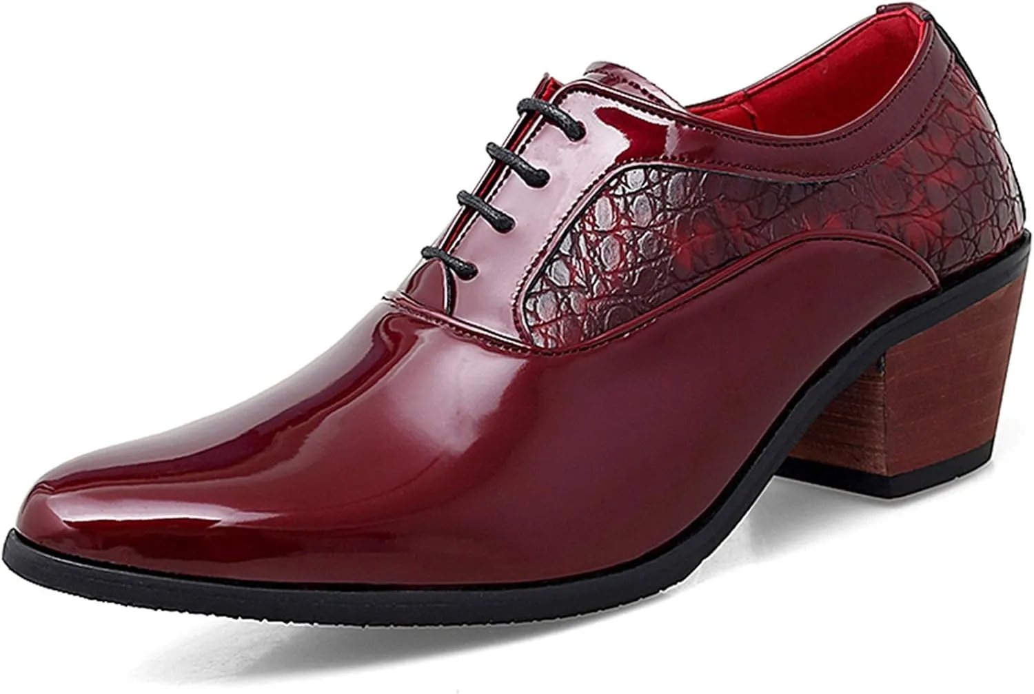 Men's Derby Oxfords Elevator Shoes Plain Smooth Block Heeled High Heels Patent Lace-up Anti Slip Crocodile Embossed Synthetic Leather Rubber Sole