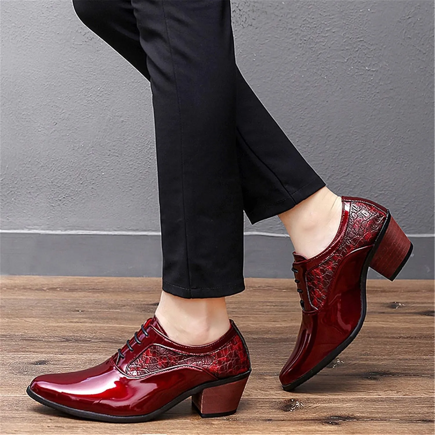 Men's Derby Oxfords Elevator Shoes Plain Smooth Block Heeled High Heels Patent Lace-up Anti Slip Crocodile Embossed Synthetic Leather Rubber Sole