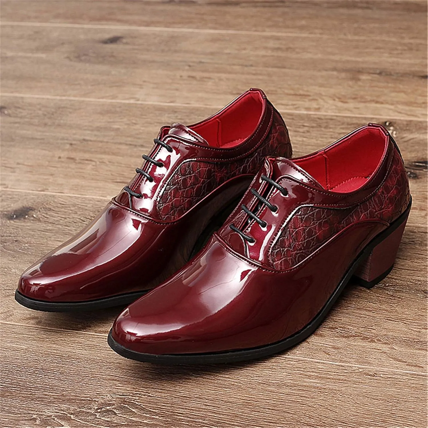 Men's Derby Oxfords Elevator Shoes Plain Smooth Block Heeled High Heels Patent Lace-up Anti Slip Crocodile Embossed Synthetic Leather Rubber Sole