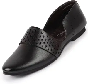 Men's Laser Cut Design Side Open Broad Feet Ethnic Party Slip On Shoes, Black, 7 UK