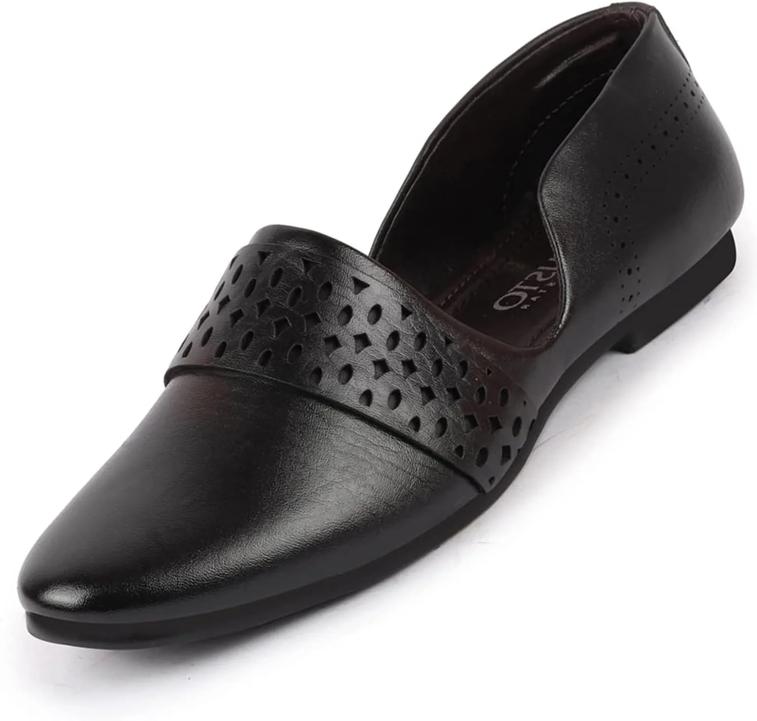 Men's Laser Cut Design Side Open Broad Feet Ethnic Party Slip On Shoes, Black, 8 UK