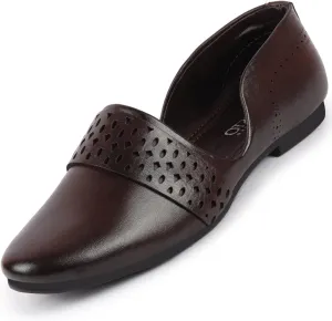Men's Laser Cut Design Side Open Broad Feet Ethnic Party Slip On Shoes, Brown, 7 UK