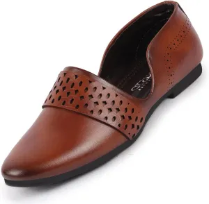 Men's Laser Cut Design Side Open Broad Feet Ethnic Party Slip On Shoes, Tan, 6 UK