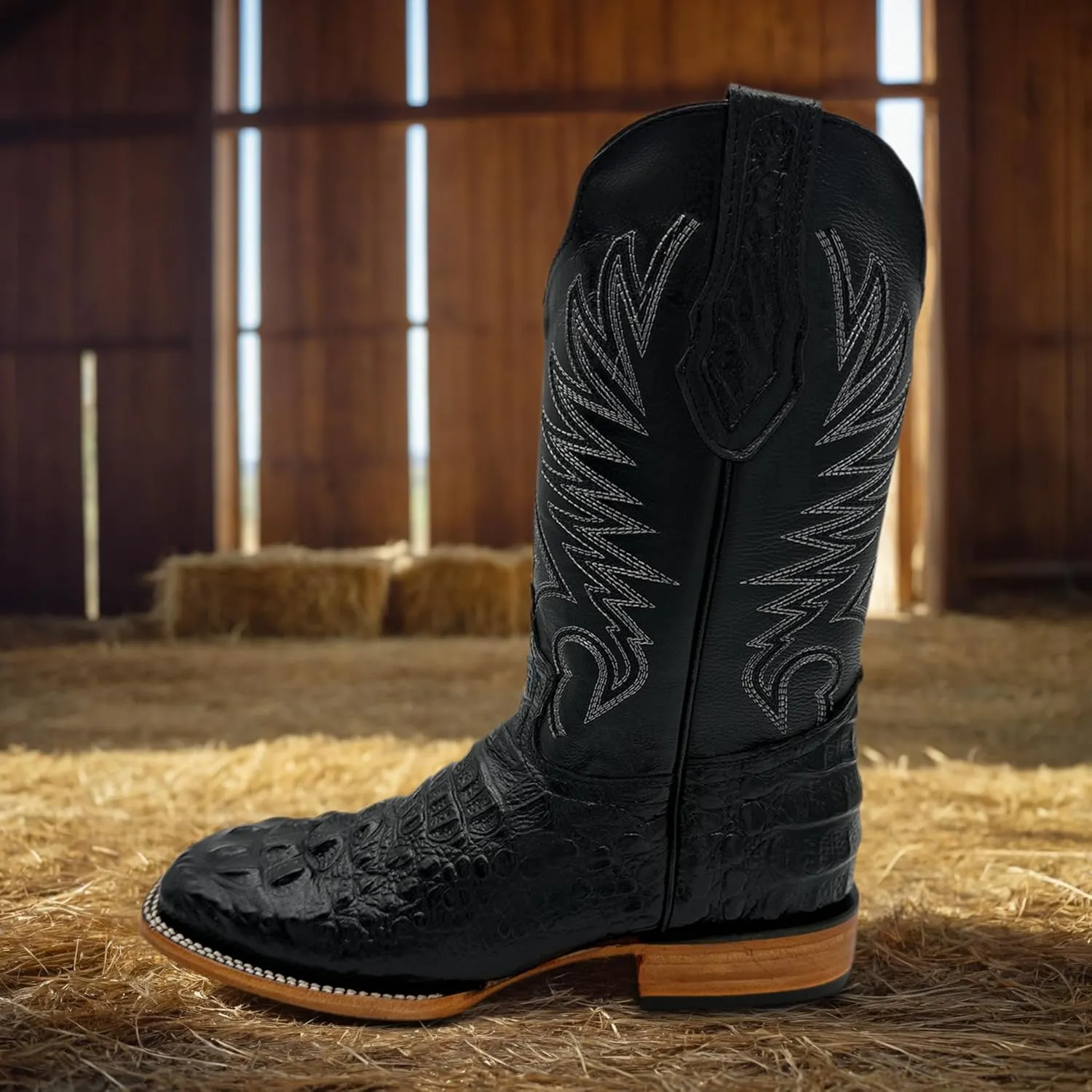 Mens Leather Square Toe Cowboy Boot Embossed Crocodile Alligator Print Western Boot