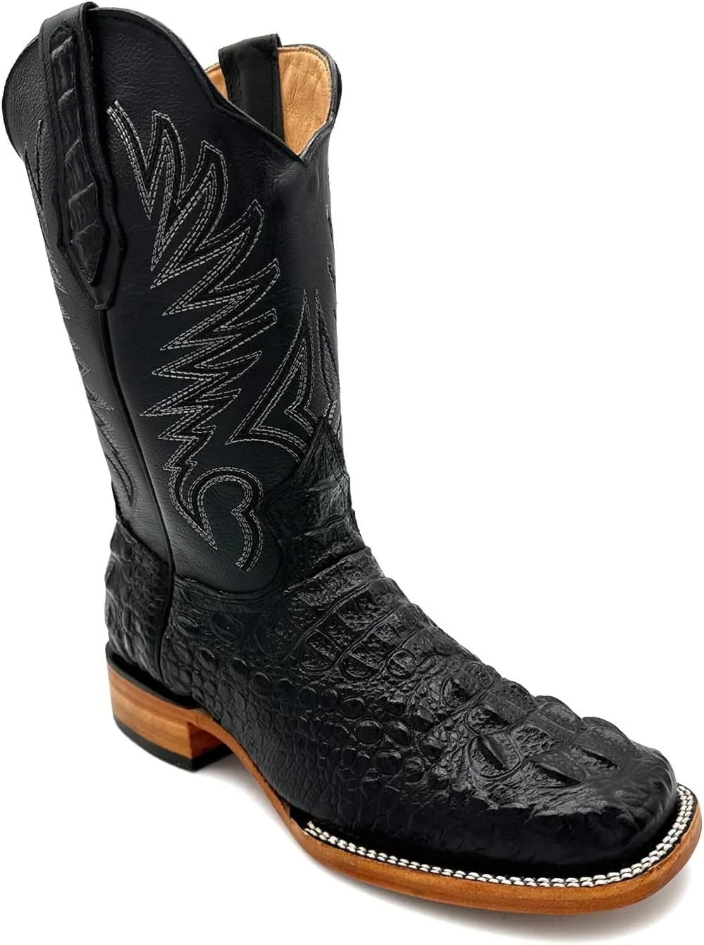Mens Leather Square Toe Cowboy Boot Embossed Crocodile Alligator Print Western Boot