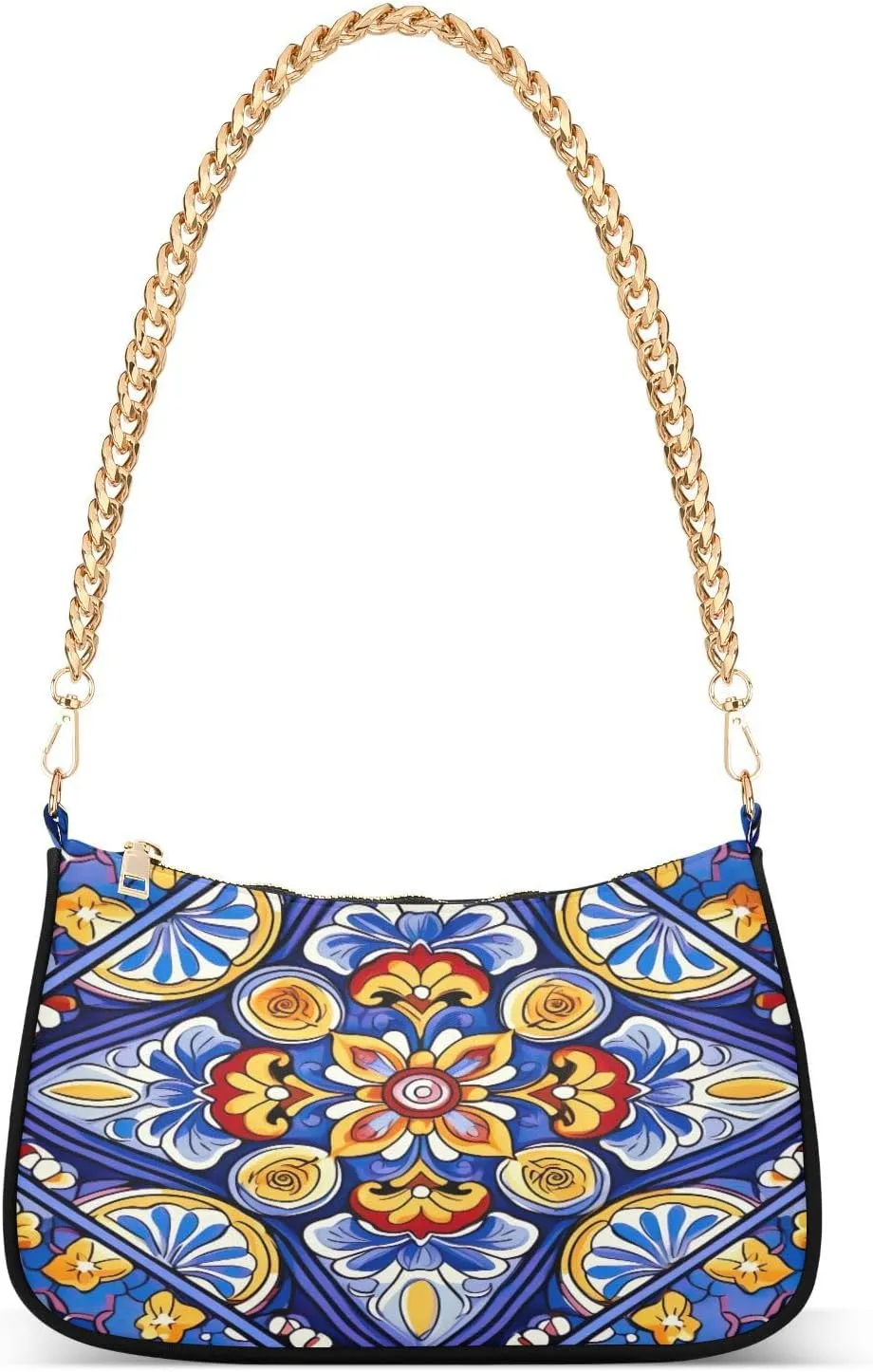 Mexican Ceramic Tile Shoulder Bag for Women, Handbag with Chain Strap, Soft Purse Tote Bag for Ladies