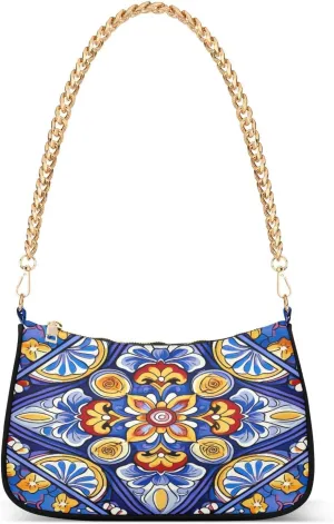 Mexican Ceramic Tile Shoulder Bag for Women, Handbag with Chain Strap, Soft Purse Tote Bag for Ladies