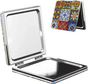 Mexican Talavera Block Ethnic Folk Small Makeup Mirror Portable Travel Cosmetic Mirror Folding Small Pocket Mirror