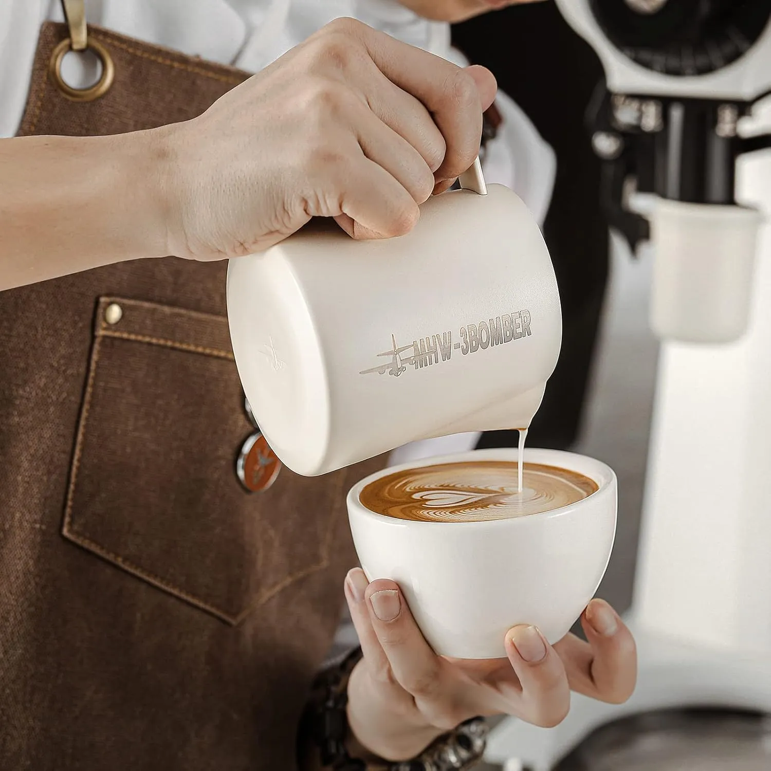 MHW-3BOMBER Latte Art Pitcher Stainless Steel Milk Frothing Pitcher Steamed Espresso Cup Barista Pitcher (Cream White, 16.9oz/500ml) P5020W-OS