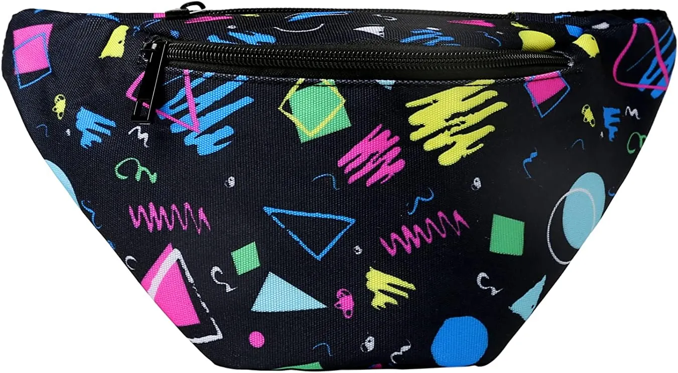MIAIULIA 80s Neon Waist Fanny Pack for 80s Costumes,Festival Travel Party (Black Geometric, onesize)