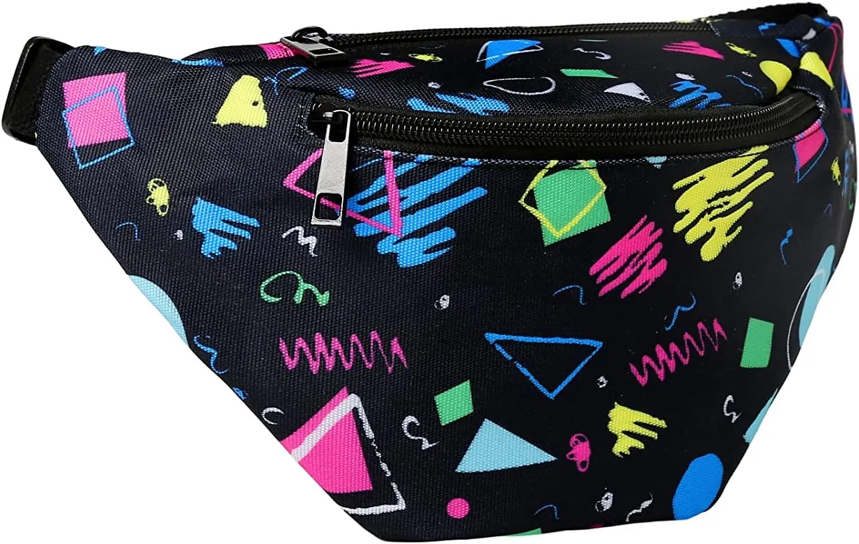 MIAIULIA 80s Neon Waist Fanny Pack for 80s Costumes,Festival Travel Party (Black Geometric, onesize)