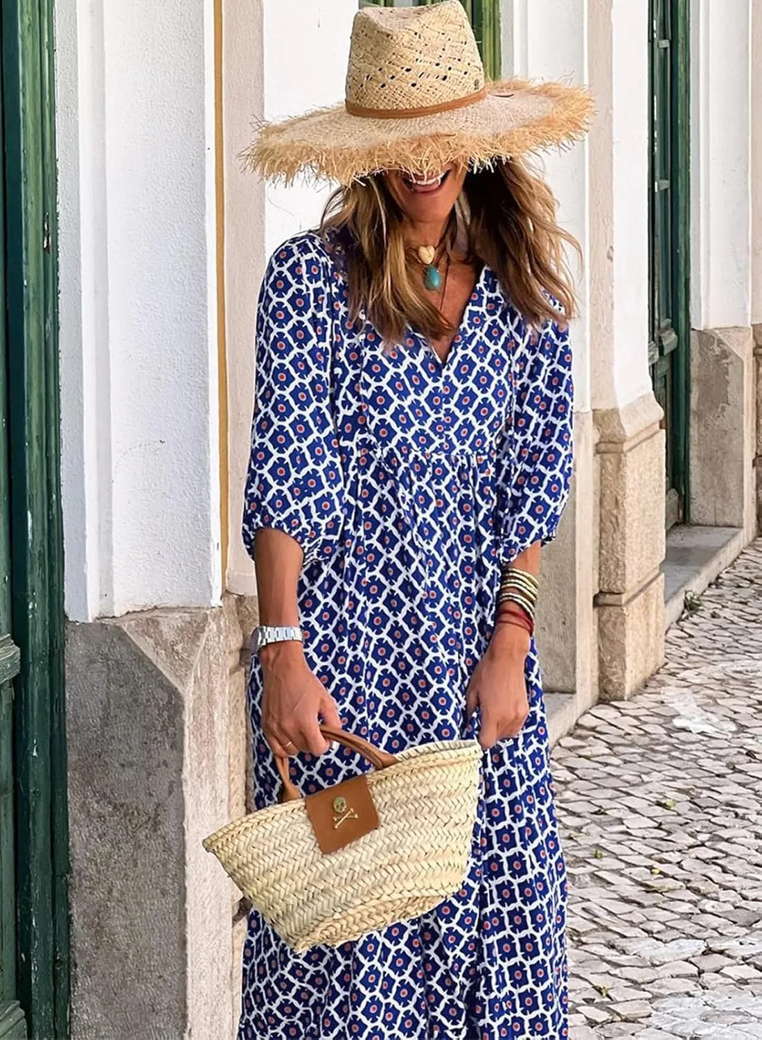 miduo Womens Loose Fit Casual Summer V Neck Half Sleeve Bohemian Geometric Pattern Maxi Long Dresses