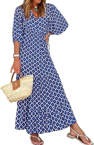 miduo Womens Loose Fit Casual Summer V Neck Half Sleeve Bohemian Geometric Pattern Maxi Long Dresses