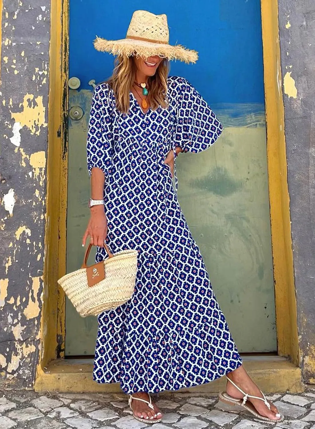 miduo Womens Loose Fit Casual Summer V Neck Half Sleeve Bohemian Geometric Pattern Maxi Long Dresses