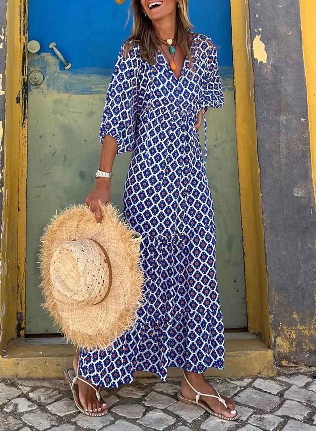 miduo Womens Loose Fit Casual Summer V Neck Half Sleeve Bohemian Geometric Pattern Maxi Long Dresses