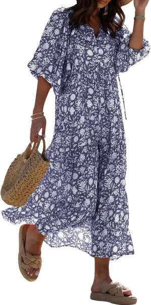 miduo Womens Loose Fit Casual Summer V Neck Half Sleeve Bohemian Geometric Pattern Maxi Long Dresses