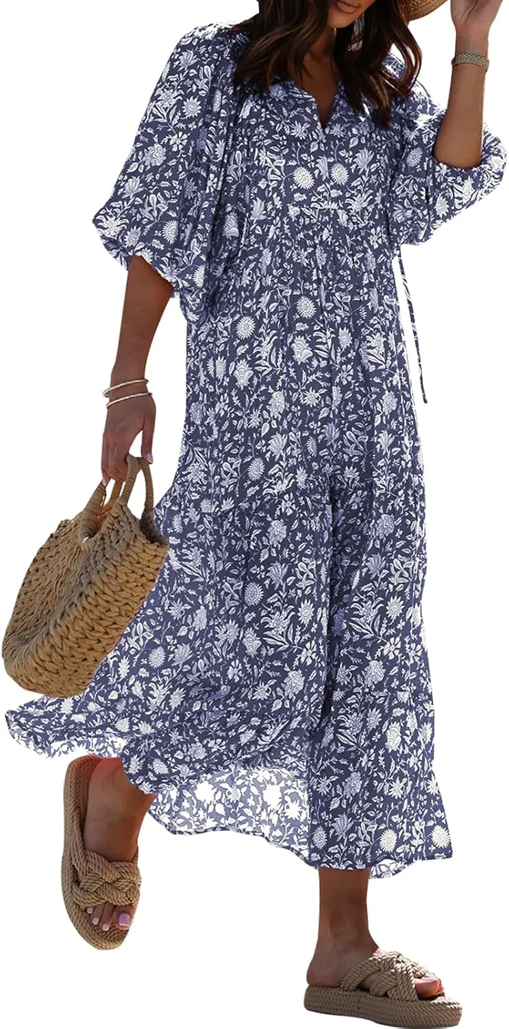 miduo Womens Loose Fit Casual Summer V Neck Half Sleeve Bohemian Geometric Pattern Maxi Long Dresses