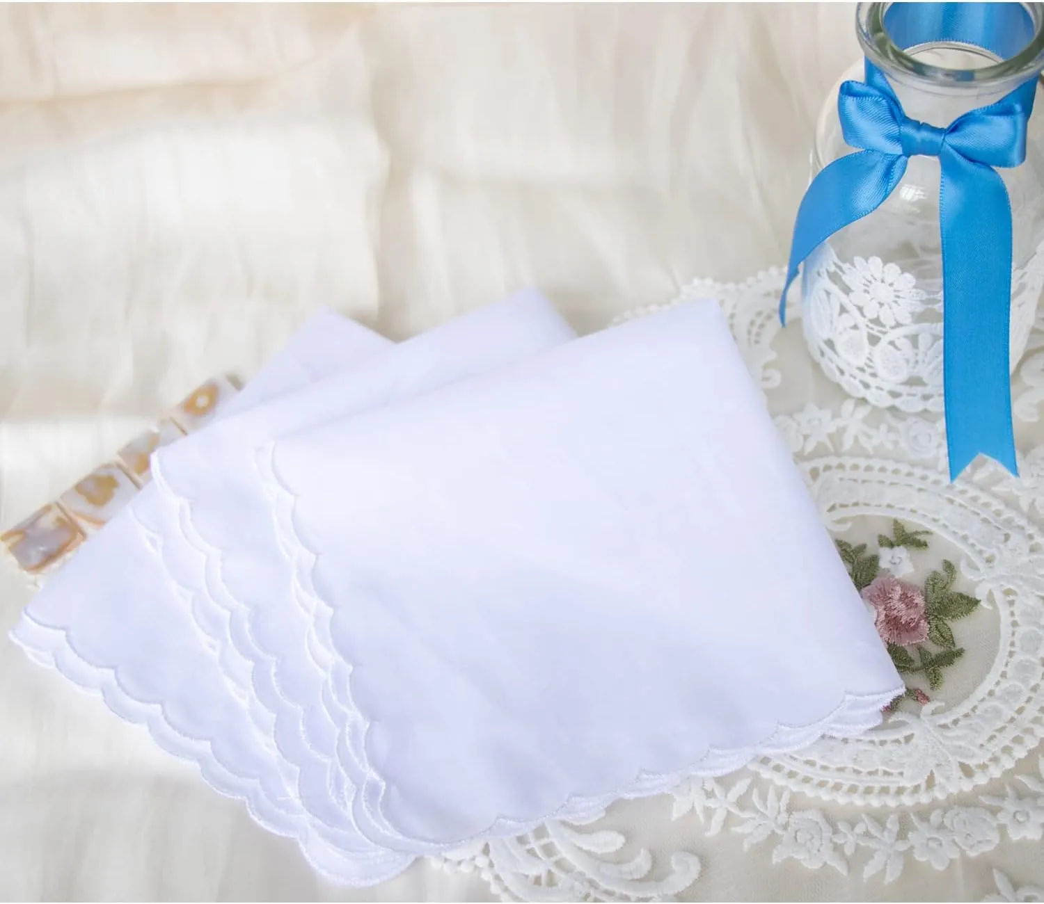 MileyMarla Ladies Embroidery Cotton White Handkerchiefs Lace Wedding Hankies