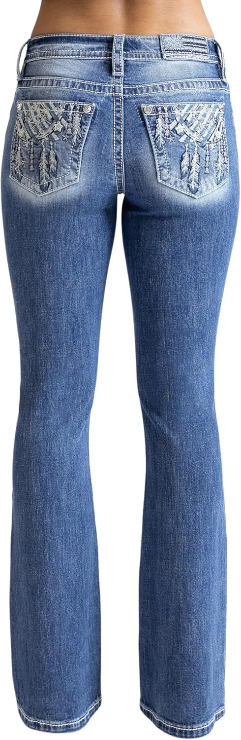 Miss Me Women's Bohemian Star Dreamcatcher Mid-Rise Bootcut Jeans