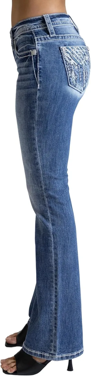 Miss Me Women's Bohemian Star Dreamcatcher Mid-Rise Bootcut Jeans