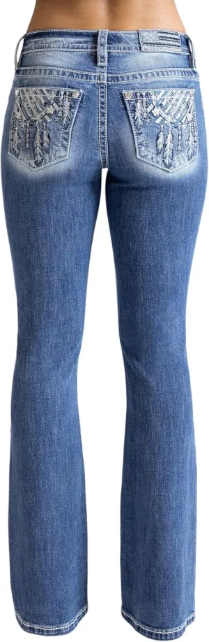 Miss Me Women's Bohemian Star Dreamcatcher Mid-Rise Bootcut Jeans