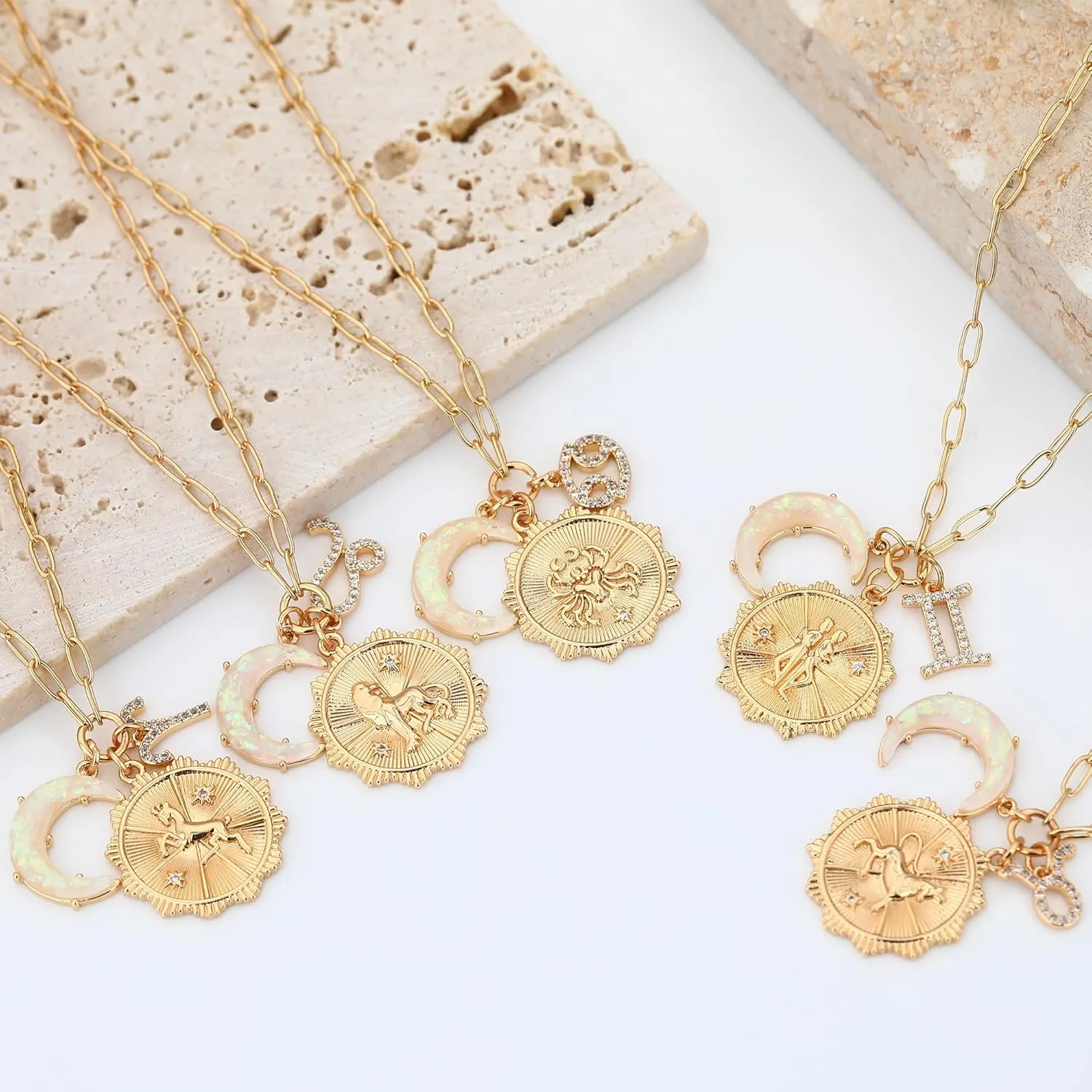 MISS RIGHT Gold Zodiac Sign Coin Necklace with Opal Crescent Moon Charm for Women Trendy, Dainty Gold Paperclip Chain 12 Constellation Horoscope Necklaces Astrology Jewelry Gifts