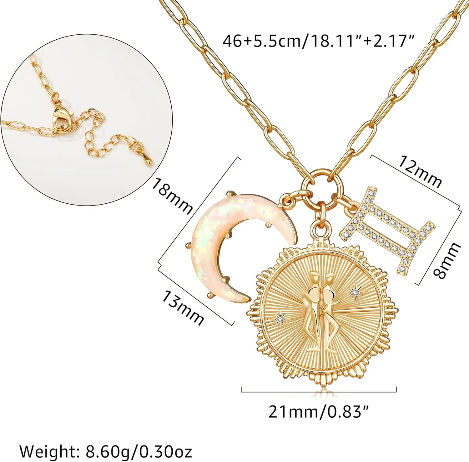 MISS RIGHT Gold Zodiac Sign Coin Necklace with Opal Crescent Moon Charm for Women Trendy, Dainty Gold Paperclip Chain 12 Constellation Horoscope Necklaces Astrology Jewelry Gifts
