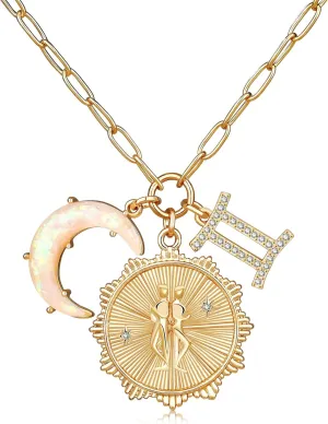 MISS RIGHT Gold Zodiac Sign Coin Necklace with Opal Crescent Moon Charm for Women Trendy, Dainty Gold Paperclip Chain 12 Constellation Horoscope Necklaces Astrology Jewelry Gifts