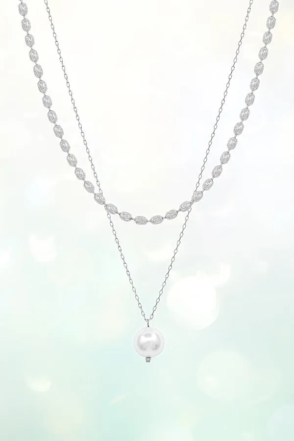 MIX CHAIN LAYERED PEARL PENDANT NECKLACE
